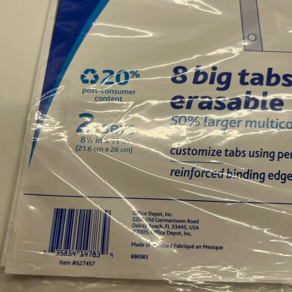 NWT Office Depot 8 Big Erasable Tabs Two Sets (16 total) multicolor.Customizable